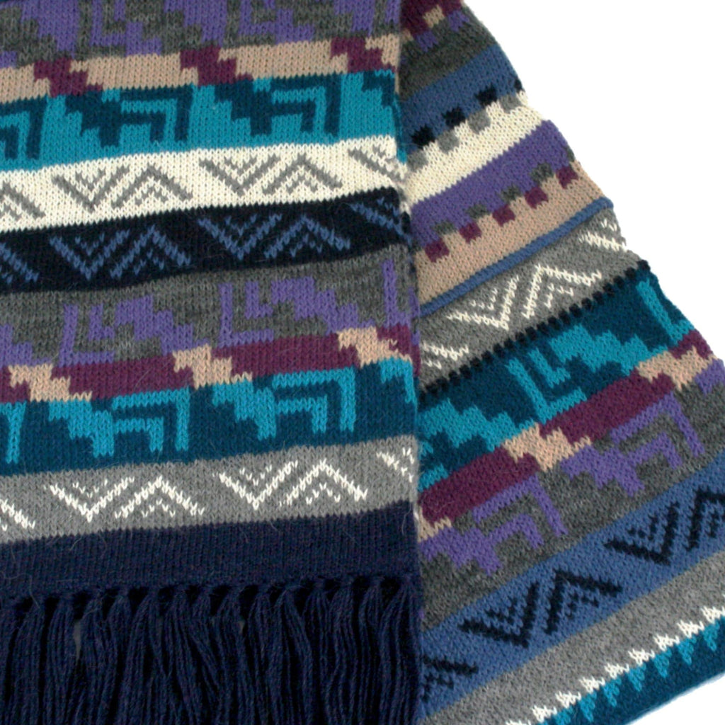 Multicolored Alpaca Wool Scarf with Andean Design ~ Blue Fringe - ARGUA