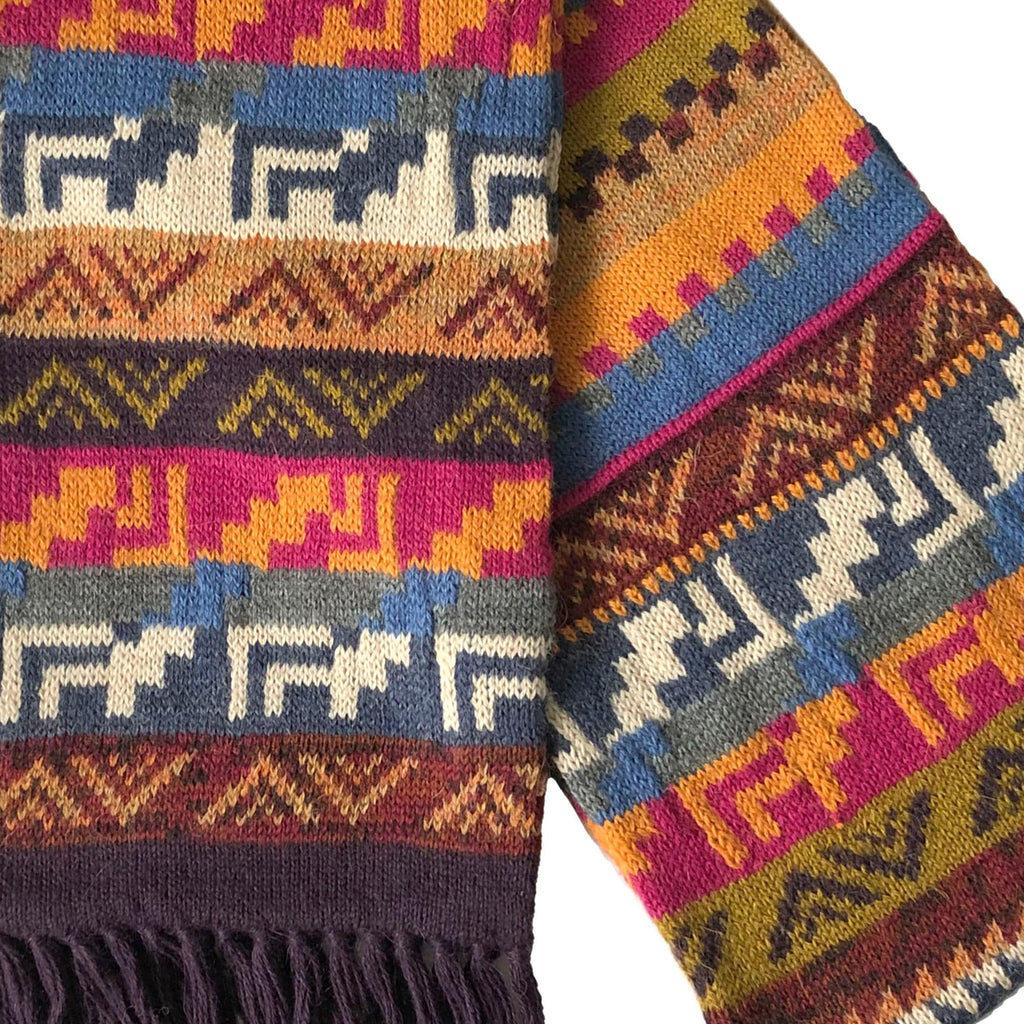 Multicolored Alpaca Wool Scarf with Andean Design ~ Purple Fringe - ARGUA