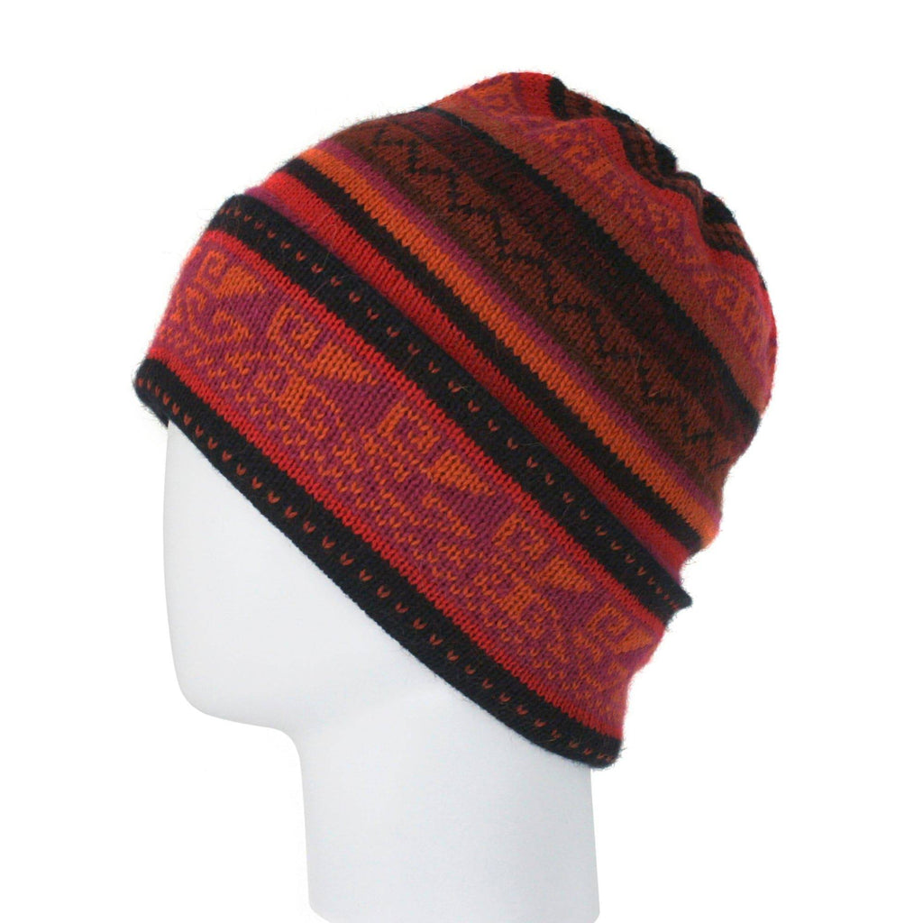 Alpaca Blended Beanie Hat with Andean Design - Red,  One Size - ARGUA