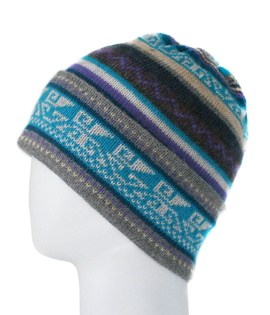 Alpaca Blended Beanie Hat with Andean Design -Turquoise,  One Size - ARGUA