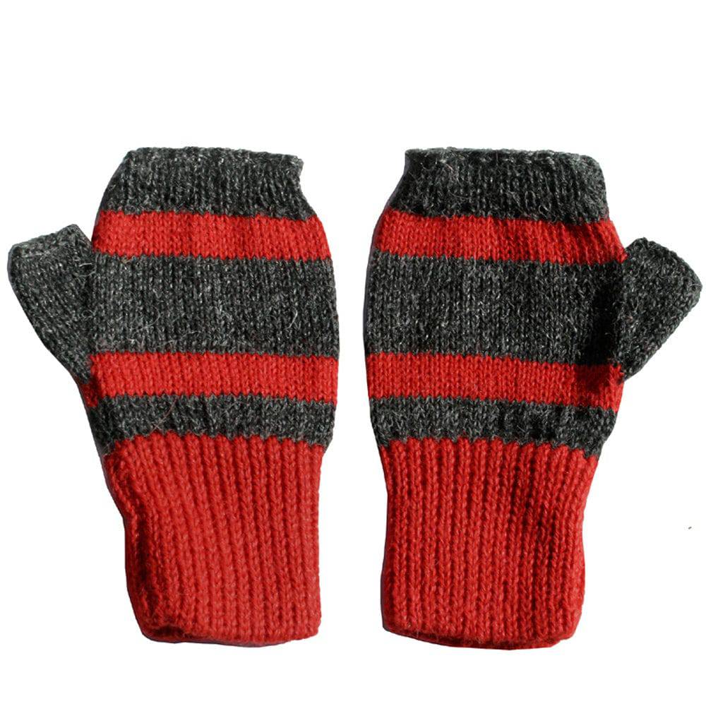 Fashion-Forward 100% Alpaca Fingerless Mittens - Red / Charcoal Gray