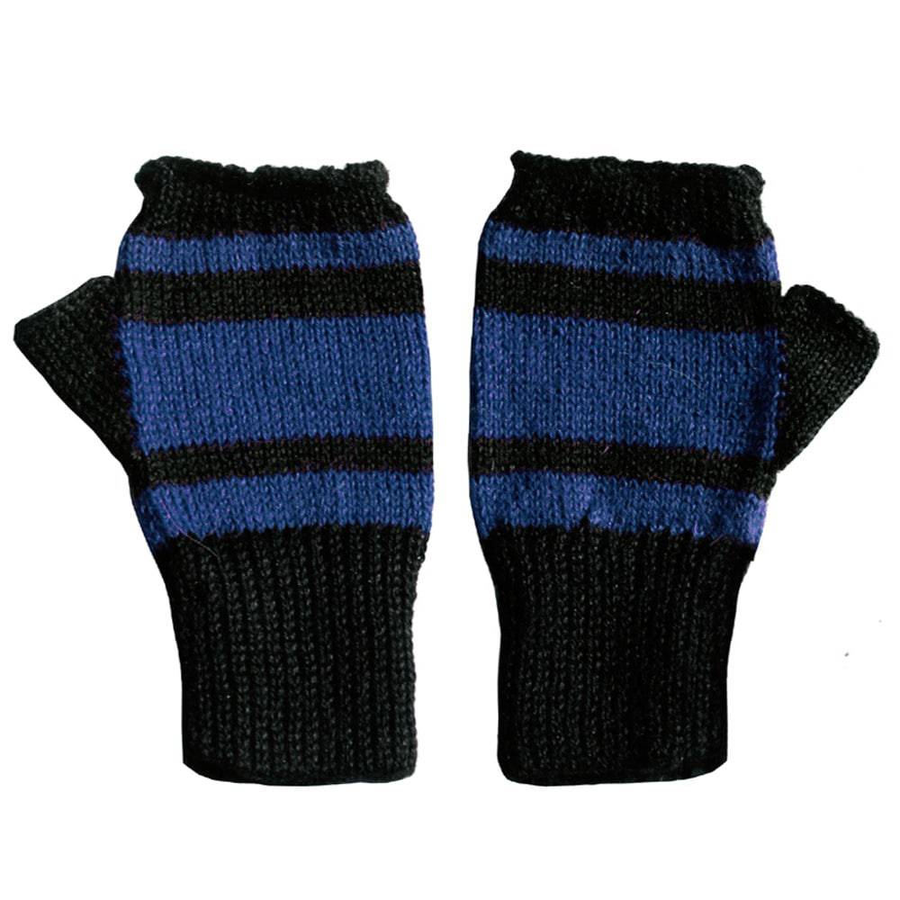 Sleek 100% Alpaca Fingerless Mittens - Black / Sapphire Blue