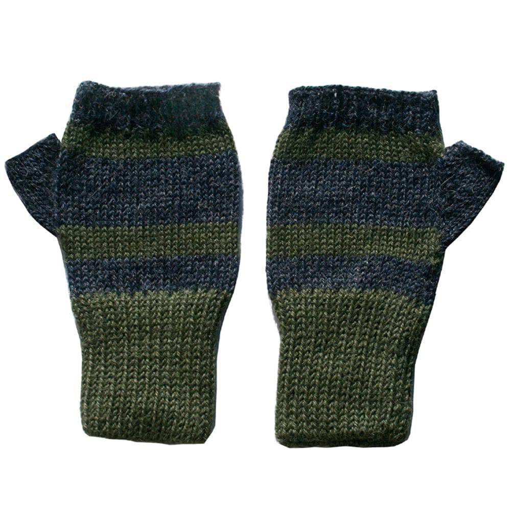 Trendy 100% Alpaca Fingerless Mittens - Forest Green / Flecked Dk Blue