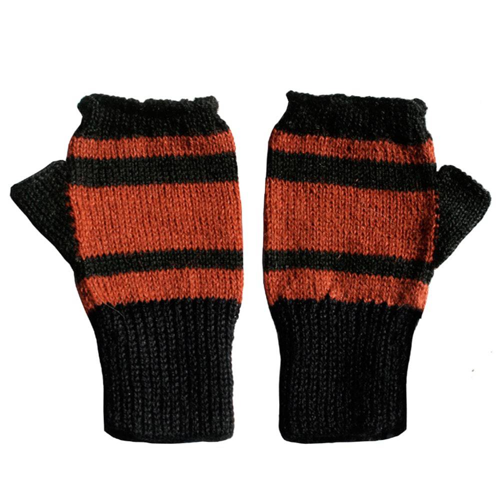 Unique 100% Alpaca Fingerless Gloves - Black / Terracotta