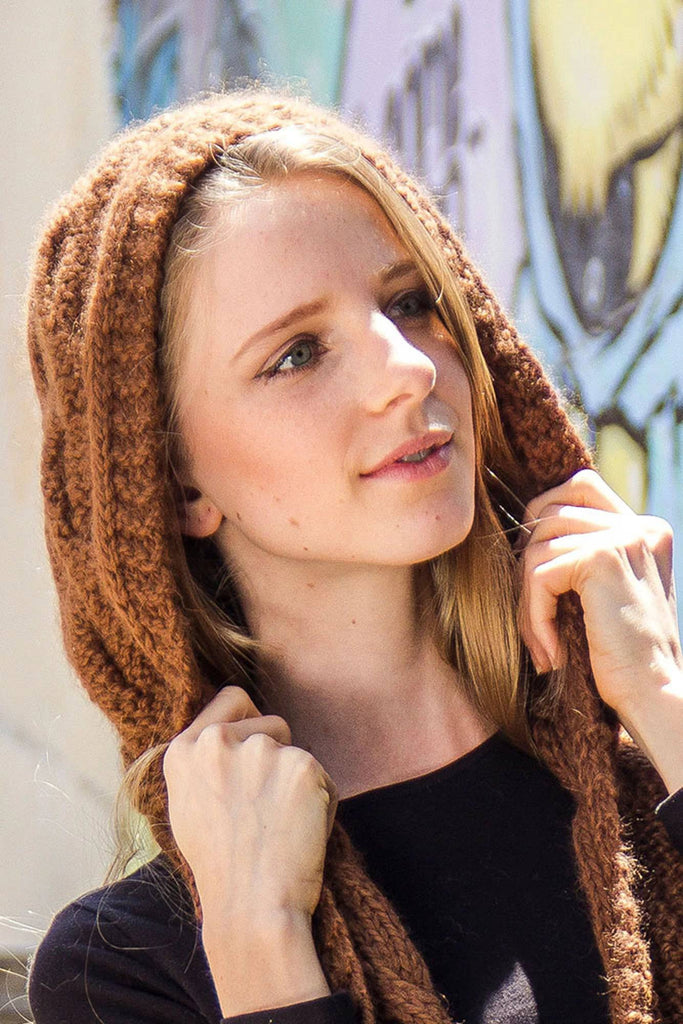 One Piece Hand Knit Baby Alpaca Blend Scarf and Hat for Women and Men - Brown - ARGUA