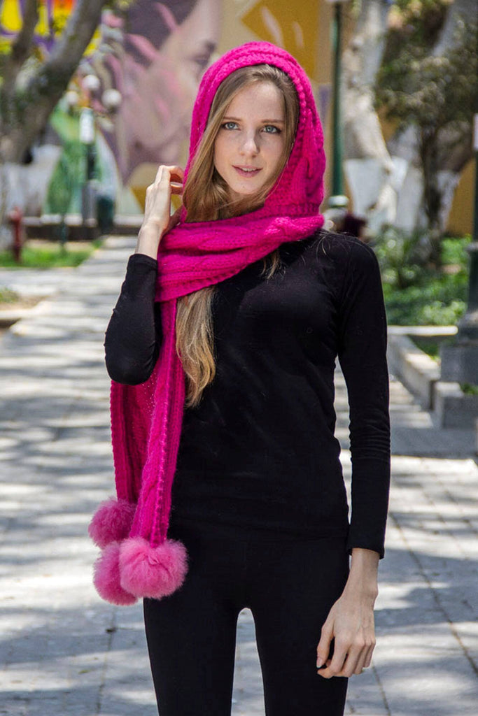 One Piece Hand Knitted Baby Alpaca Blend Hooded Hat  Scarf Women - Pink