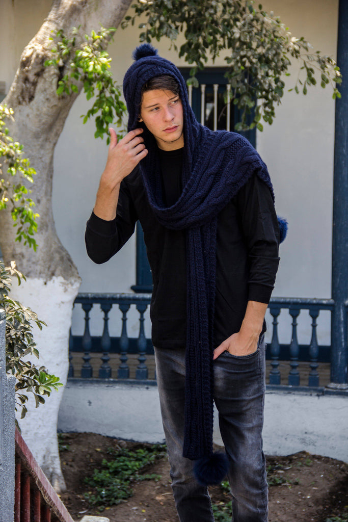 One Piece Long Baby Alpaca Blend Hooded Hat Scarf Women and Men - Navy Blue - ARGUA